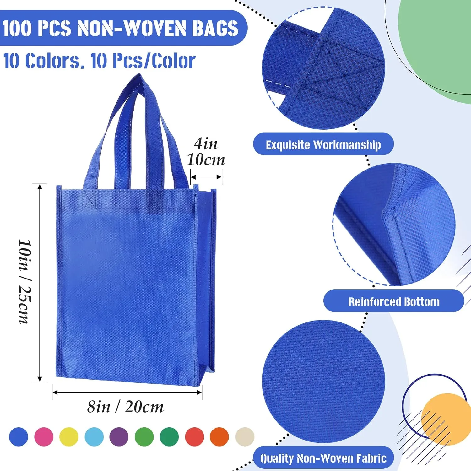 Jexine 100 Pcs Non Woven Bags Reusable Gift Bag with Handles Shopping Tote Grocery Goodie Party Treat Bags Favors(Multicolor)