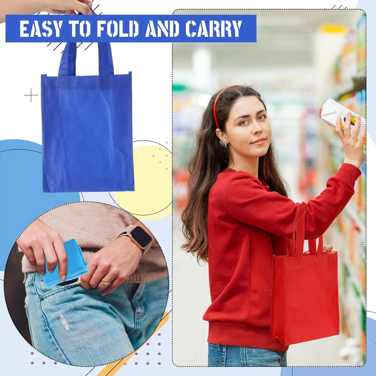 Jexine 100 Pcs Non Woven Bags Reusable Gift Bag with Handles Shopping Tote Grocery Goodie Party Treat Bags Favors(Multicolor)