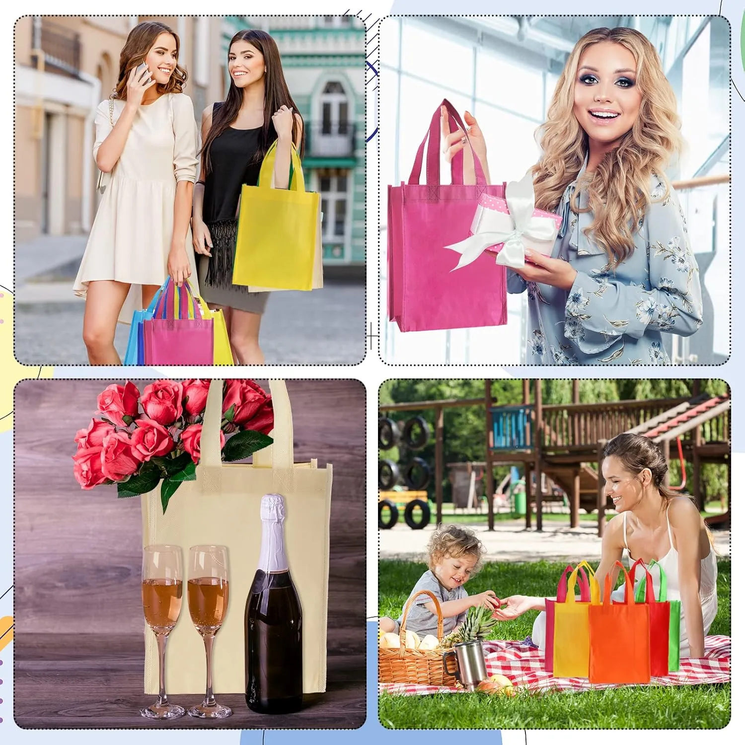 Jexine 100 Pcs Non Woven Bags Reusable Gift Bag with Handles Shopping Tote Grocery Goodie Party Treat Bags Favors(Multicolor)