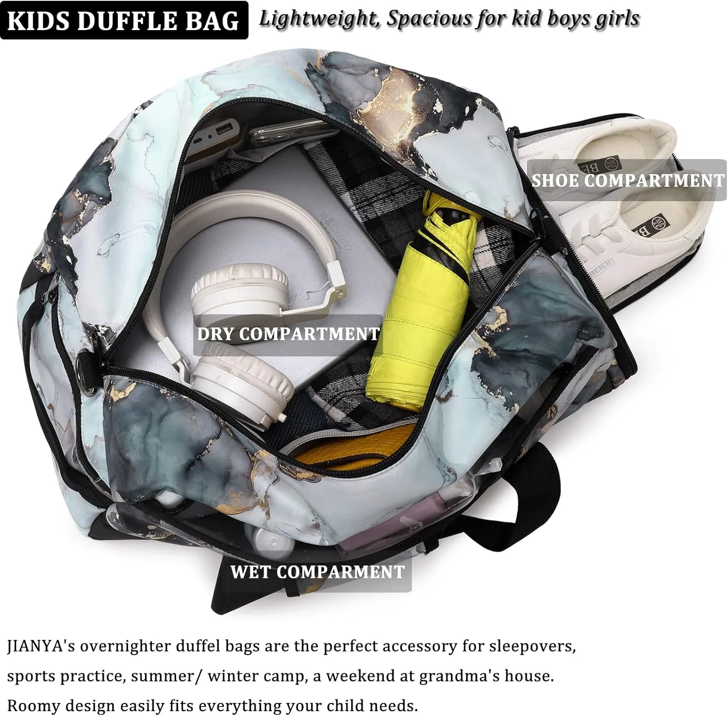 JIANYA Kids Overnight Duffle Bag Girls Boys Sport Gym Bag with Shoe Compartment & Wet Pocket, Carry On Weekender Travel Bag for Kid Girl Boy