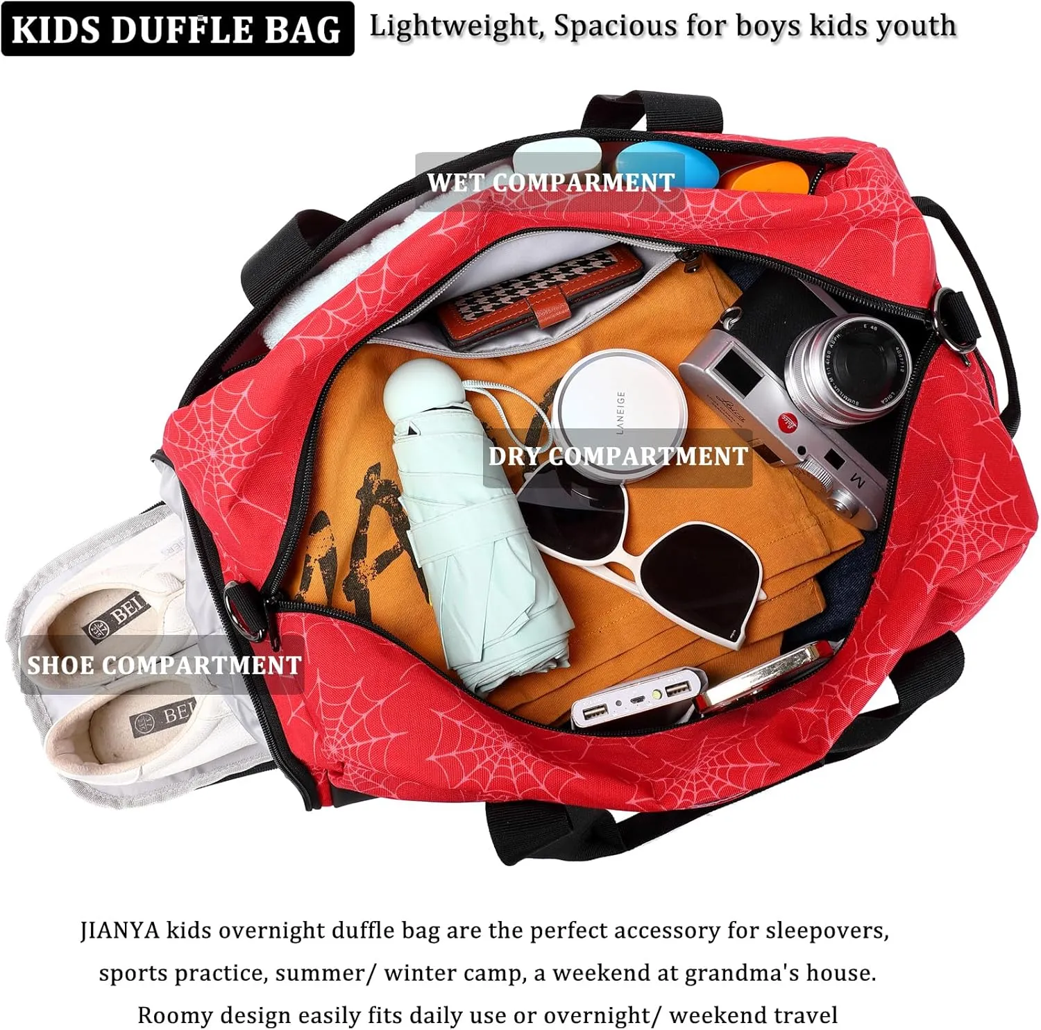 JIANYA Kids Overnight Duffle Bag Spider Sports Gym Bag with Shoe Compartment & Wet Pocket, Carry On Weekender Travel Bag, Red