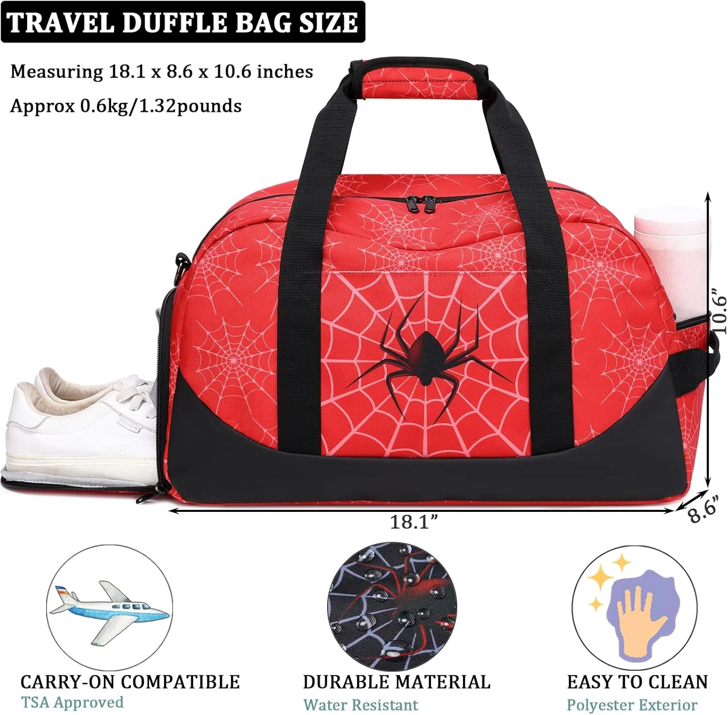 JIANYA Kids Overnight Duffle Bag Spider Sports Gym Bag with Shoe Compartment & Wet Pocket, Carry On Weekender Travel Bag, Red