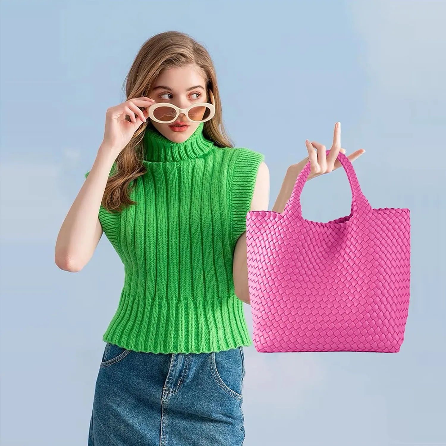 JINMANXUE Fashion Woven Bag Shopper Bag Travel Handbags and Purses Women Tote Bag Large Capacity Shoulder Bags