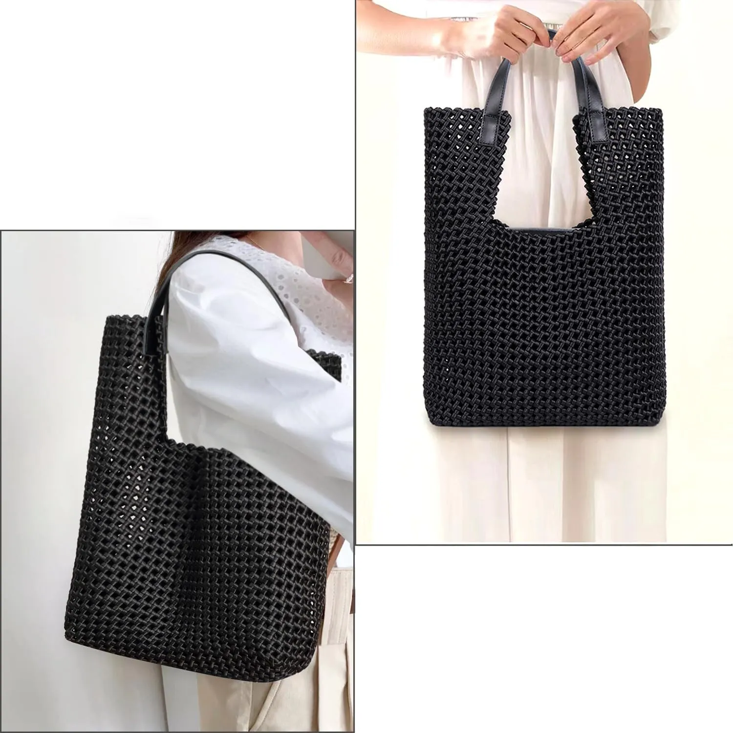 JINMANXUE Leather Satin Woven Tote Bag for Women Hollow Out Handbag 2 Pcs Set Female Shoulder Bag Shopper Bag Fashion Clutch
