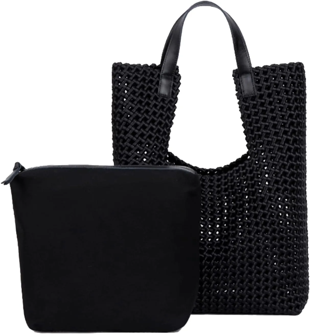 JINMANXUE Leather Satin Woven Tote Bag for Women Hollow Out Handbag 2 Pcs Set Female Shoulder Bag Shopper Bag Fashion Clutch