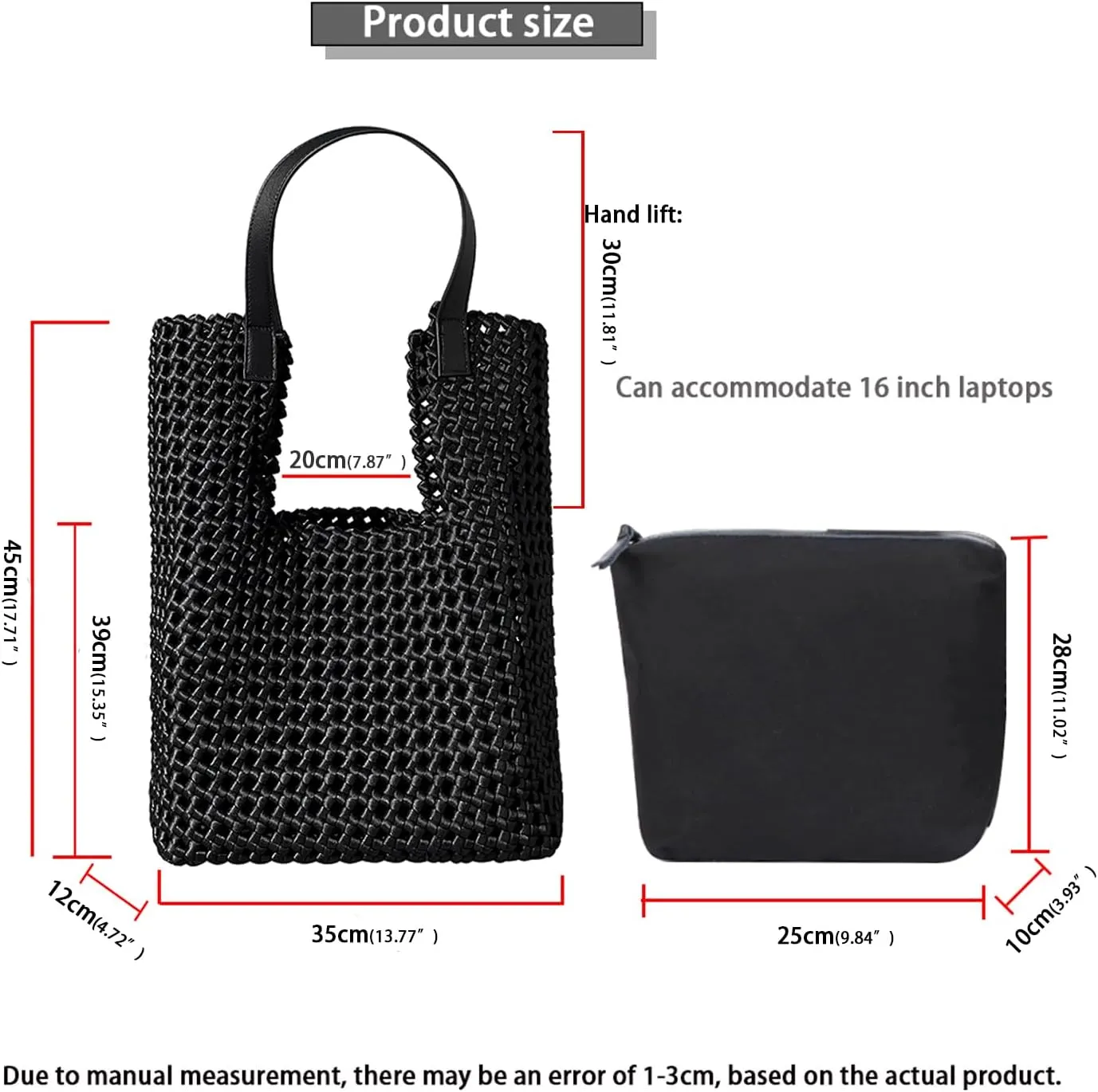 JINMANXUE Leather Satin Woven Tote Bag for Women Hollow Out Handbag 2 Pcs Set Female Shoulder Bag Shopper Bag Fashion Clutch