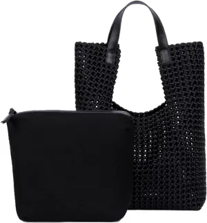 JINMANXUE Leather Satin Woven Tote Bag for Women Hollow Out Handbag 2 Pcs Set Female Shoulder Bag Shopper Bag Fashion Clutch