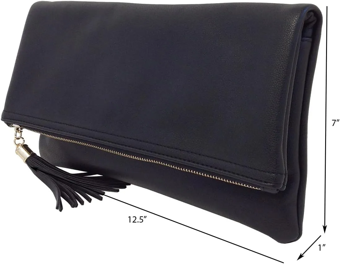 JNB Women's Faux Leather Zipper Foldover Clutch Purse with Tassel