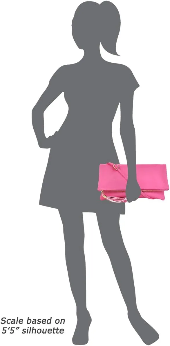 JNB Women's Faux Leather Zipper Foldover Clutch Purse with Tassel