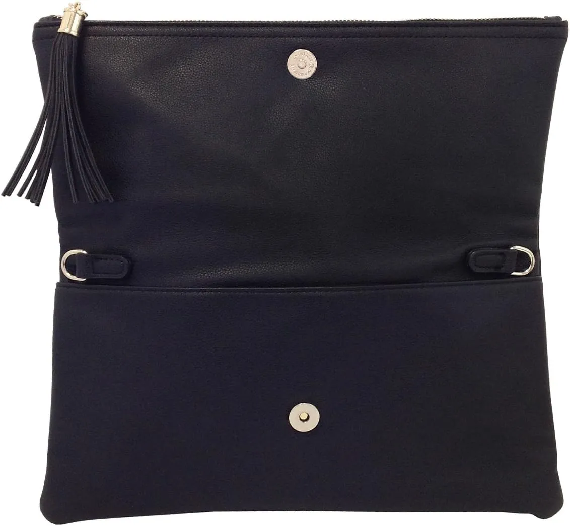 JNB Women's Faux Leather Zipper Foldover Clutch Purse with Tassel