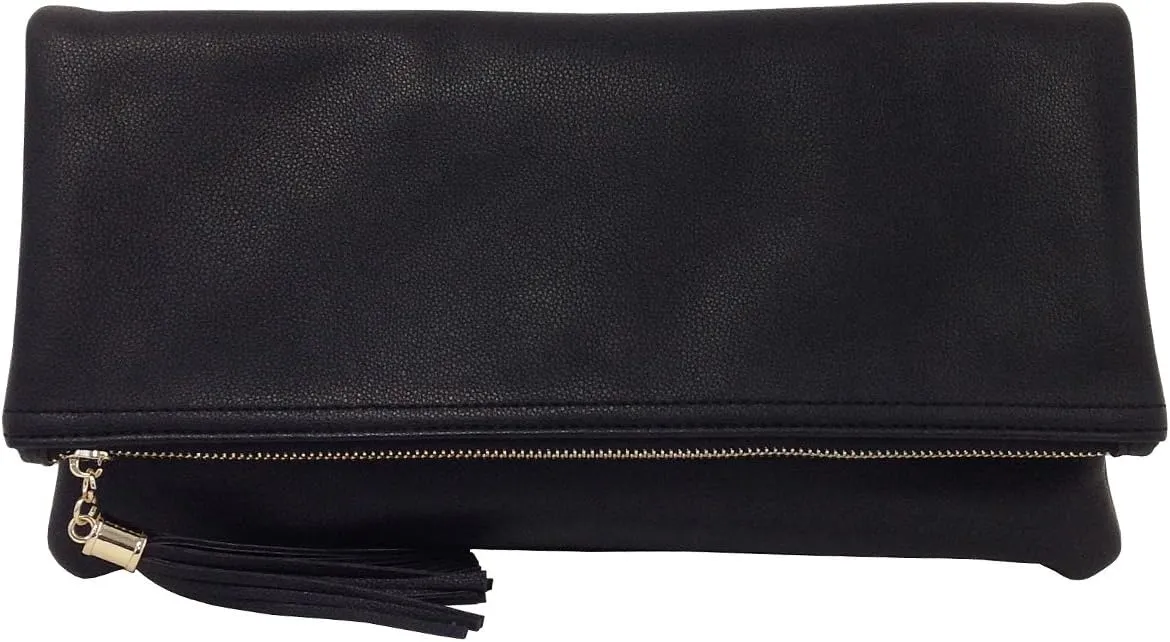 JNB Women's Faux Leather Zipper Foldover Clutch Purse with Tassel