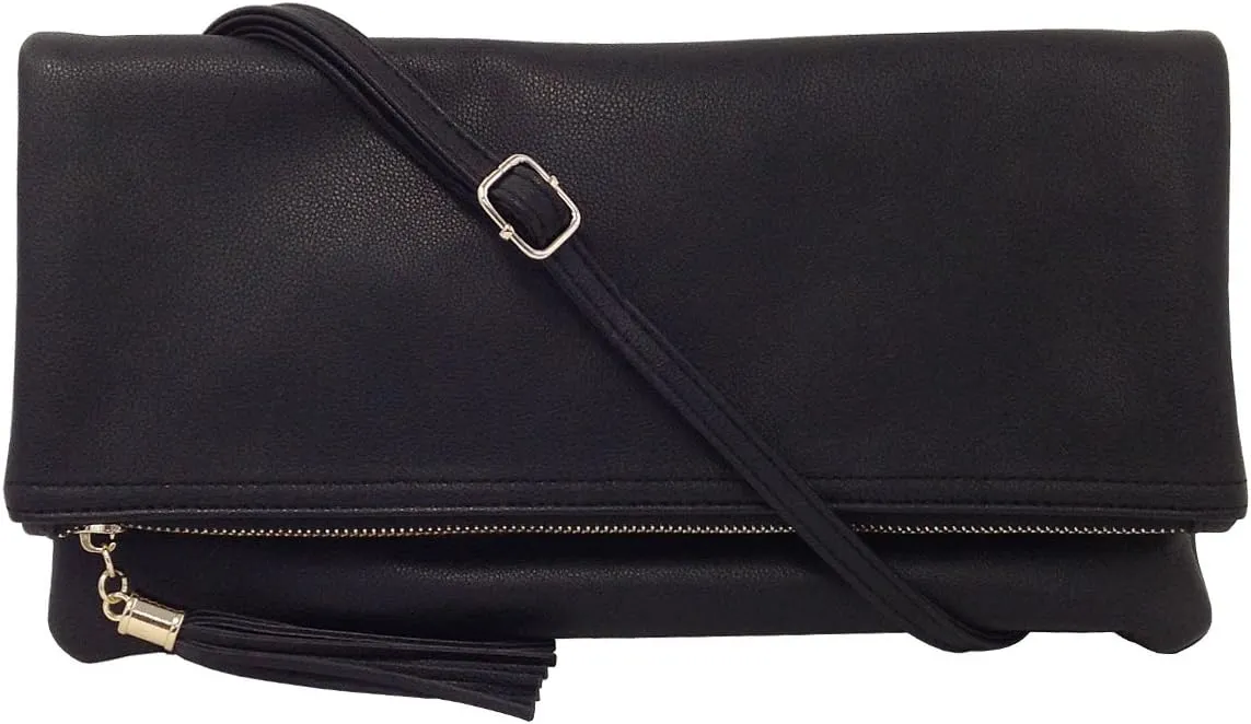 JNB Women's Faux Leather Zipper Foldover Clutch Purse with Tassel