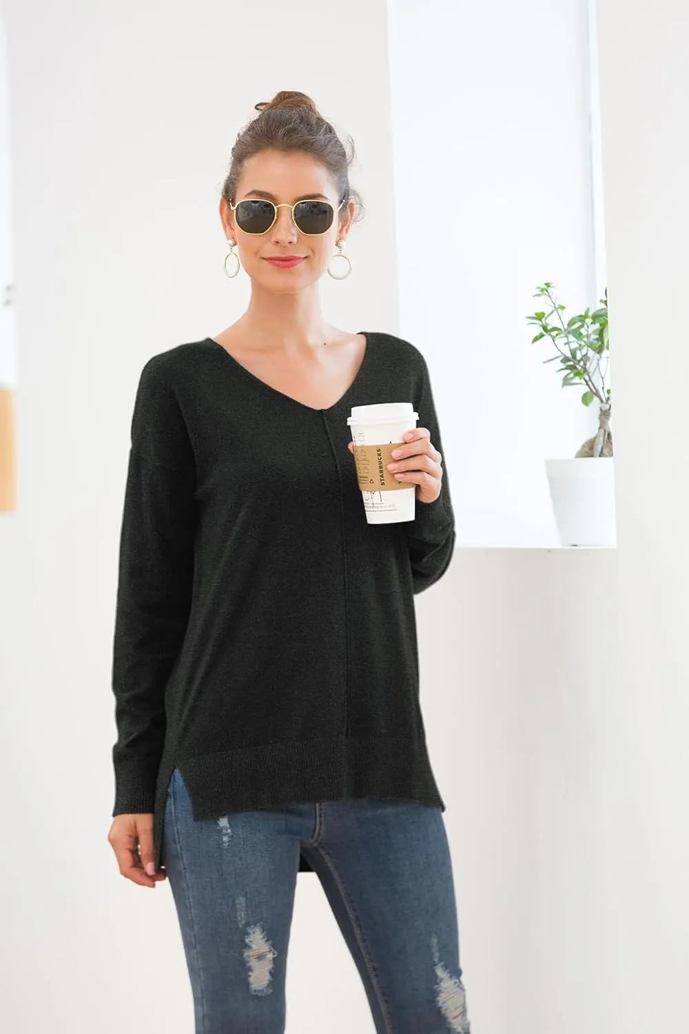 Jouica Women's Casual Lightweight V Neck Batwing Sleeve Knit Top Loose Pullover Sweater