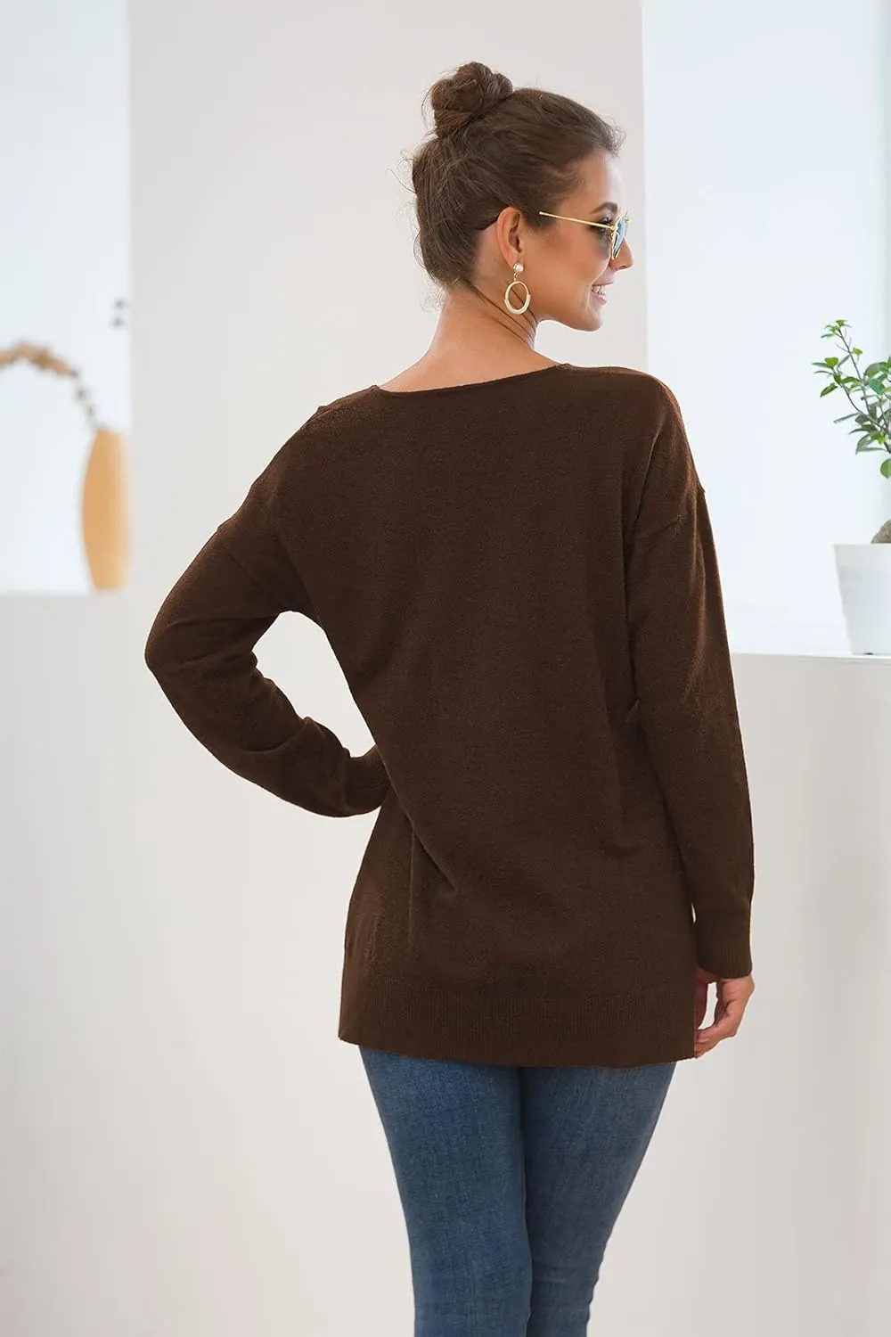 Jouica Women's Casual Lightweight V Neck Batwing Sleeve Knit Top Loose Pullover Sweater
