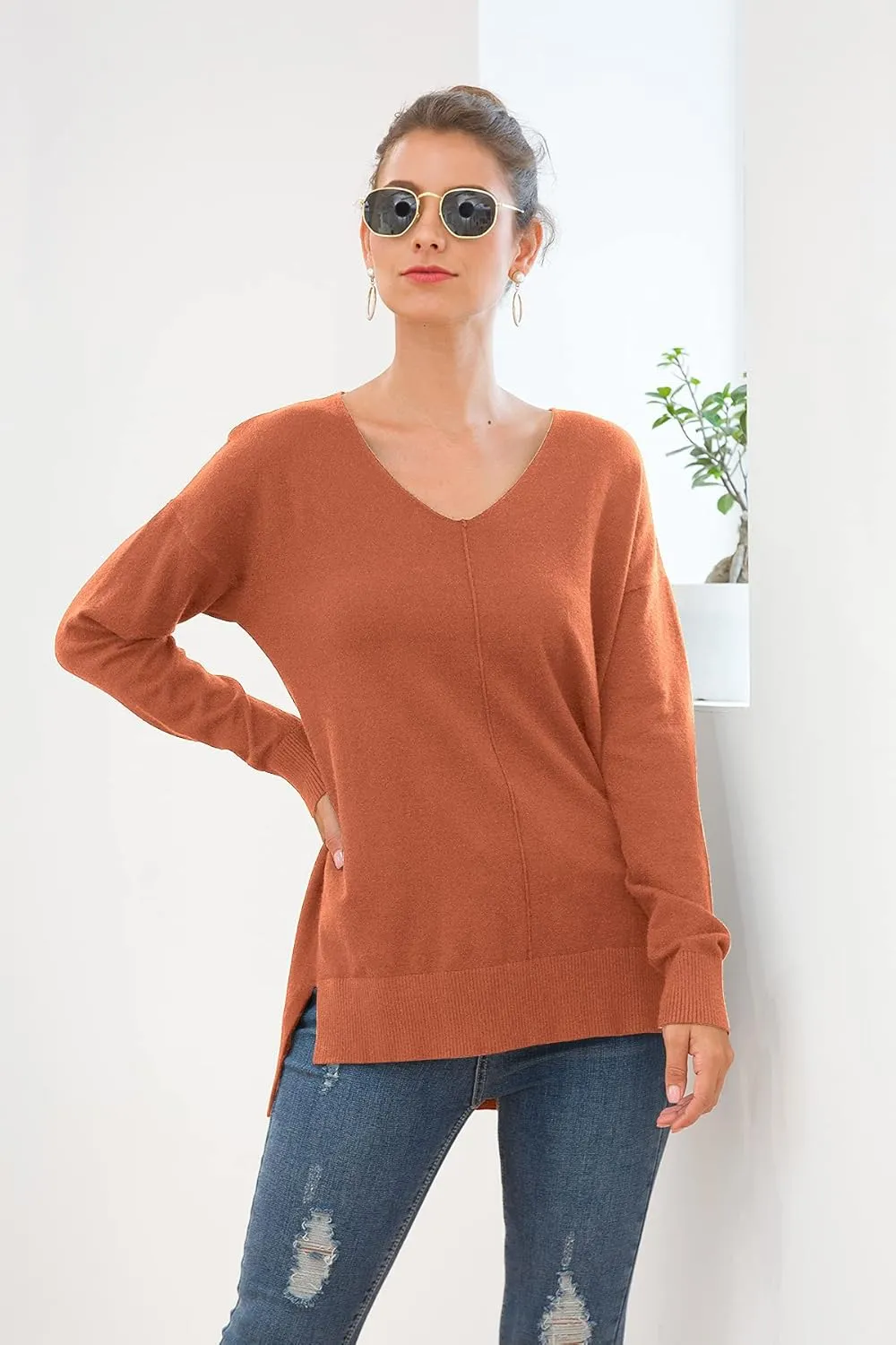 Jouica Women's Casual Lightweight V Neck Batwing Sleeve Knit Top Loose Pullover Sweater