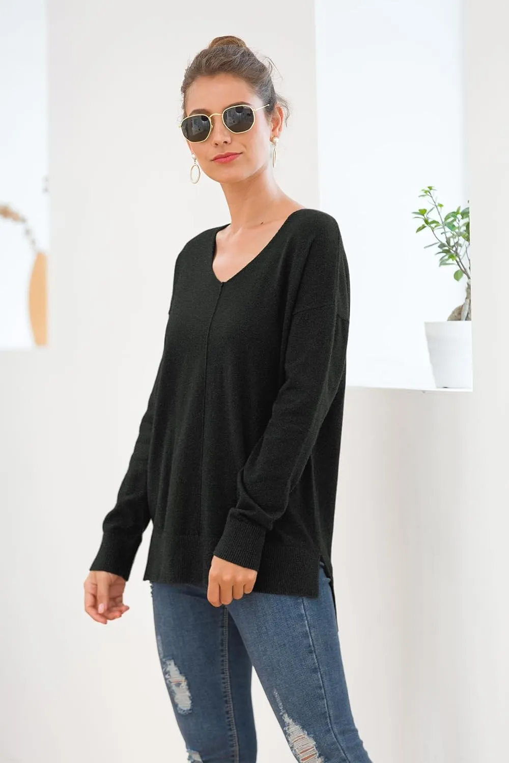 Jouica Women's Casual Lightweight V Neck Batwing Sleeve Knit Top Loose Pullover Sweater
