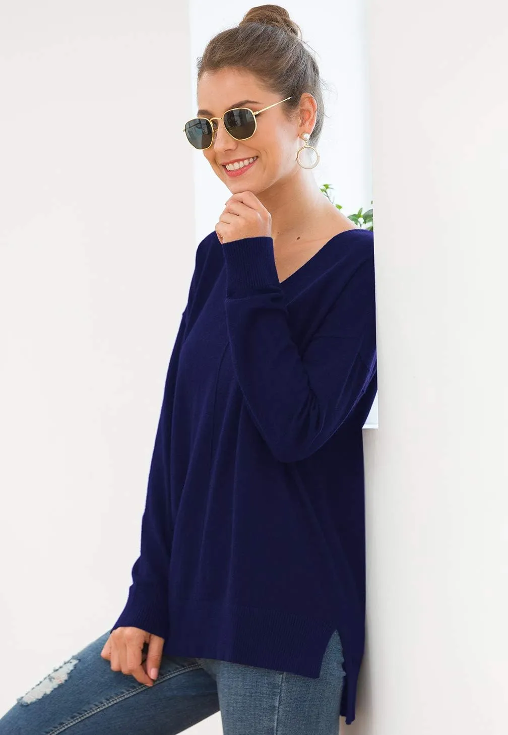 Jouica Women's Casual Lightweight V Neck Batwing Sleeve Knit Top Loose Pullover Sweater