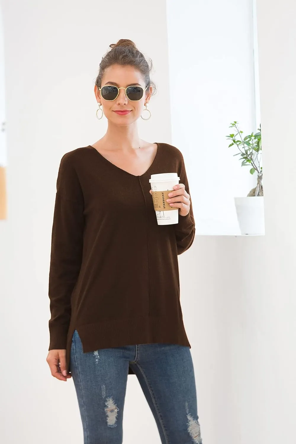 Jouica Women's Casual Lightweight V Neck Batwing Sleeve Knit Top Loose Pullover Sweater