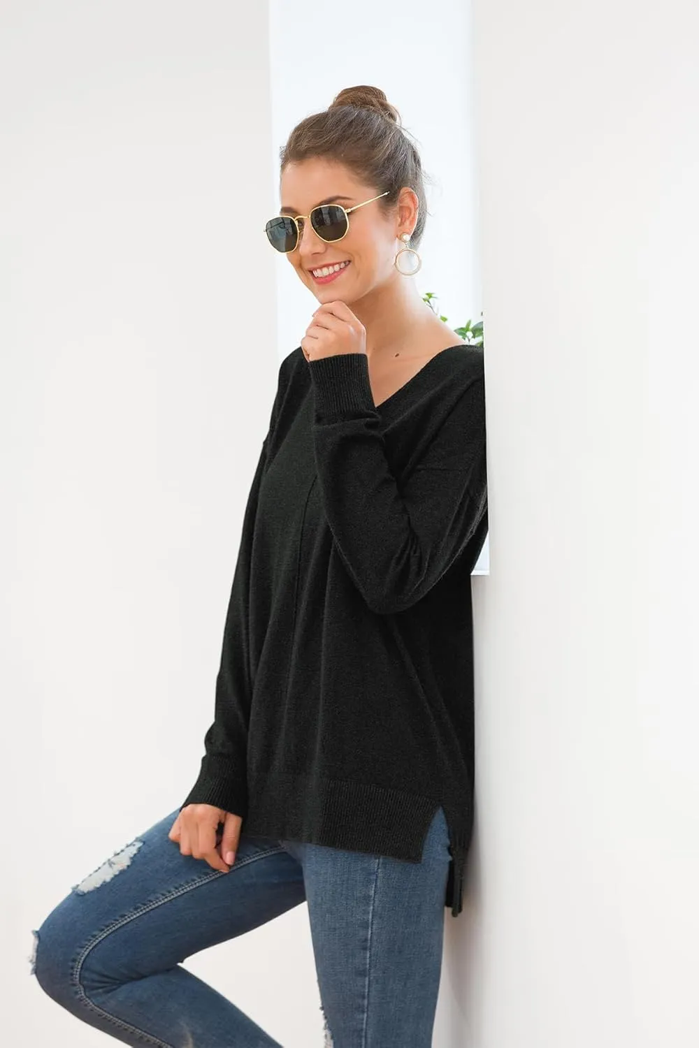 Jouica Women's Casual Lightweight V Neck Batwing Sleeve Knit Top Loose Pullover Sweater