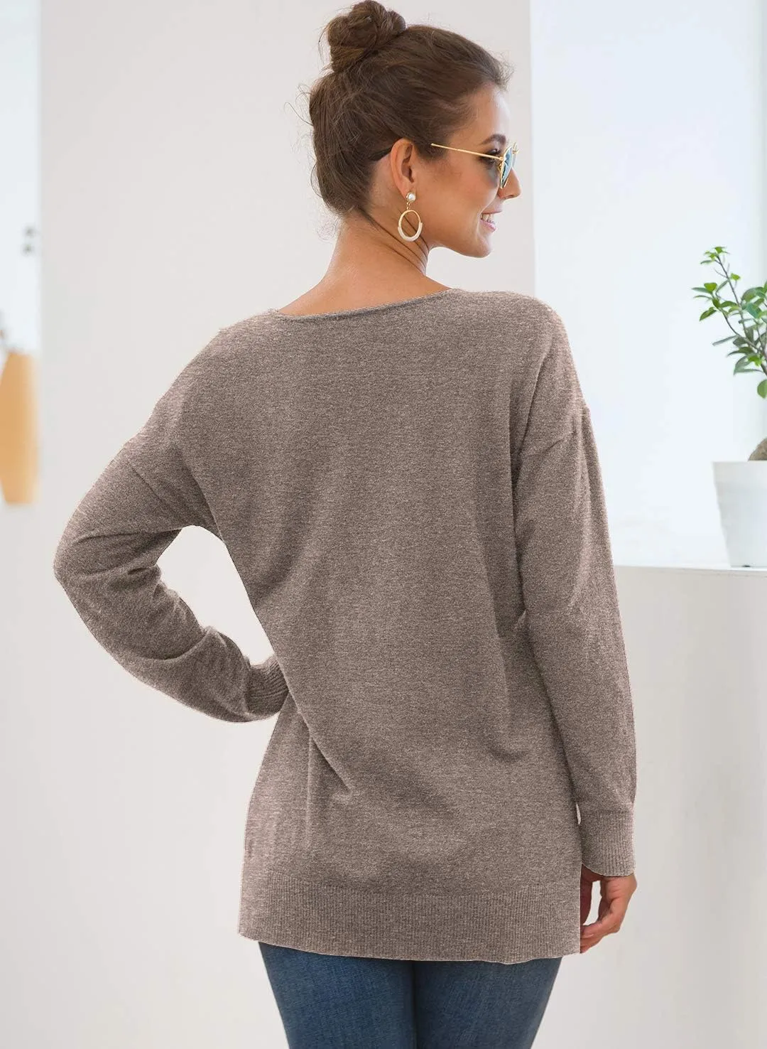 Jouica Women's Casual Lightweight V Neck Batwing Sleeve Knit Top Loose Pullover Sweater