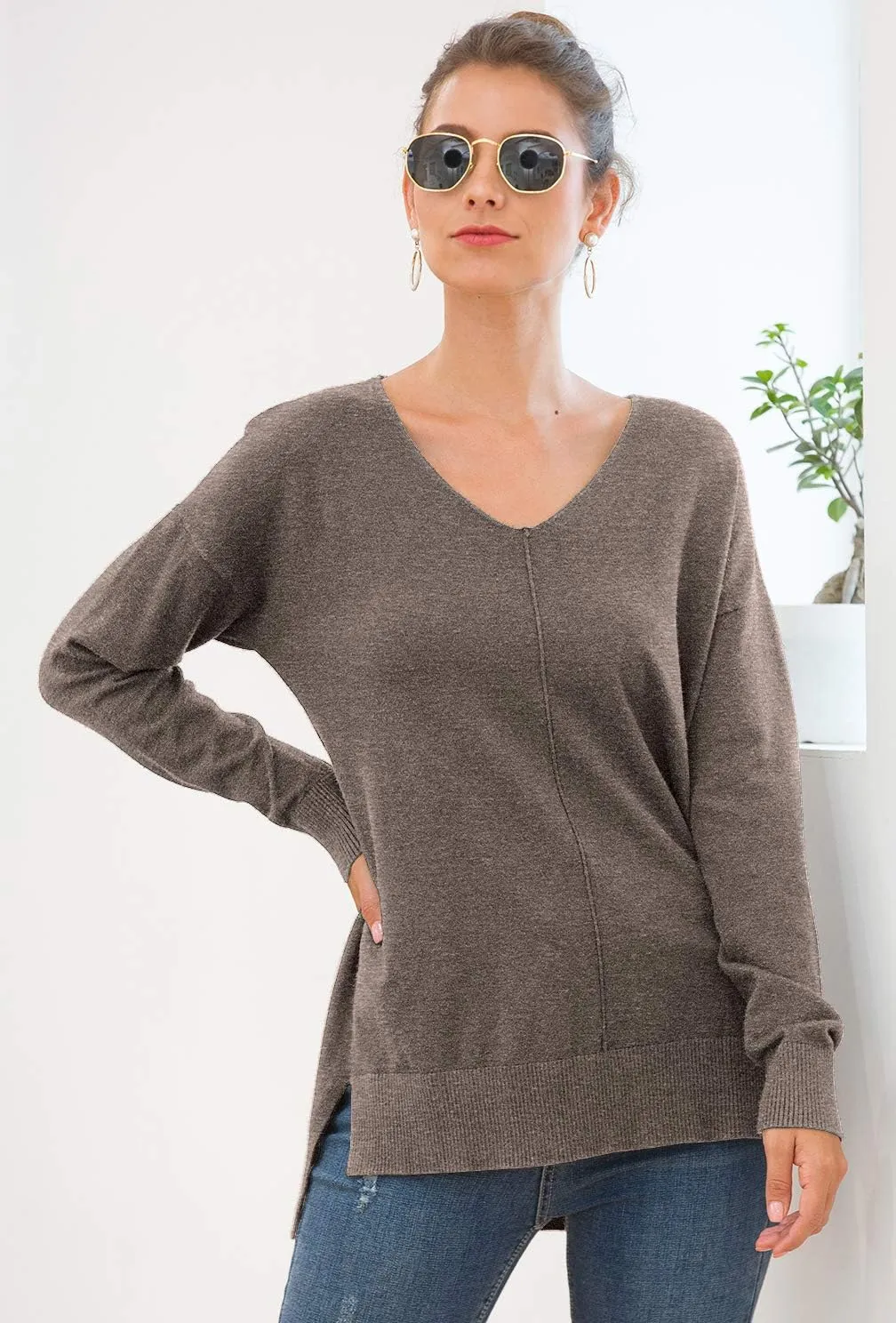 Jouica Women's Casual Lightweight V Neck Batwing Sleeve Knit Top Loose Pullover Sweater