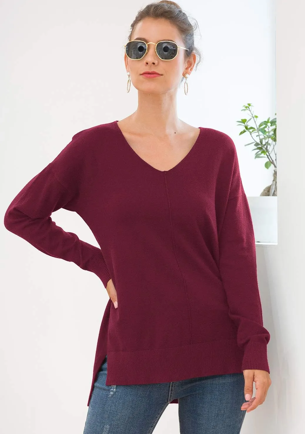 Jouica Women's Casual Lightweight V Neck Batwing Sleeve Knit Top Loose Pullover Sweater