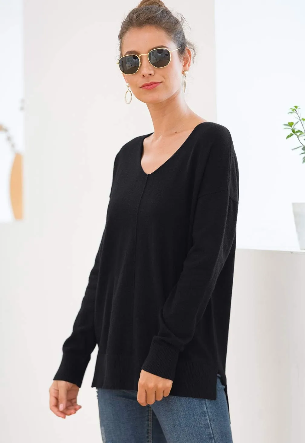 Jouica Women's Casual Lightweight V Neck Batwing Sleeve Knit Top Loose Pullover Sweater