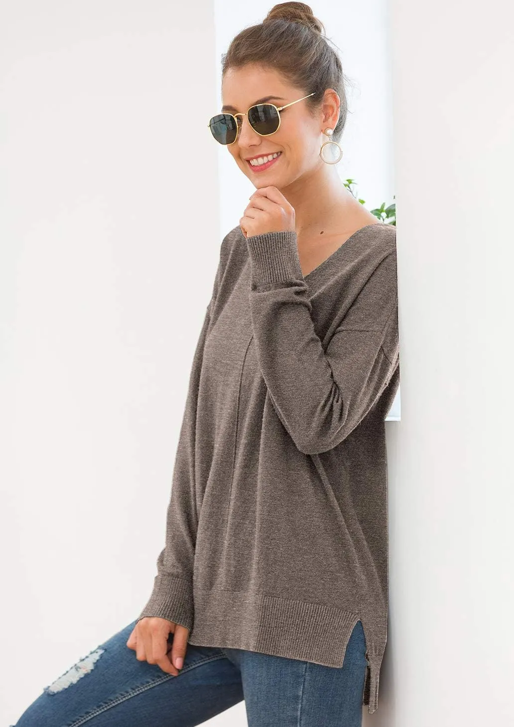Jouica Women's Casual Lightweight V Neck Batwing Sleeve Knit Top Loose Pullover Sweater