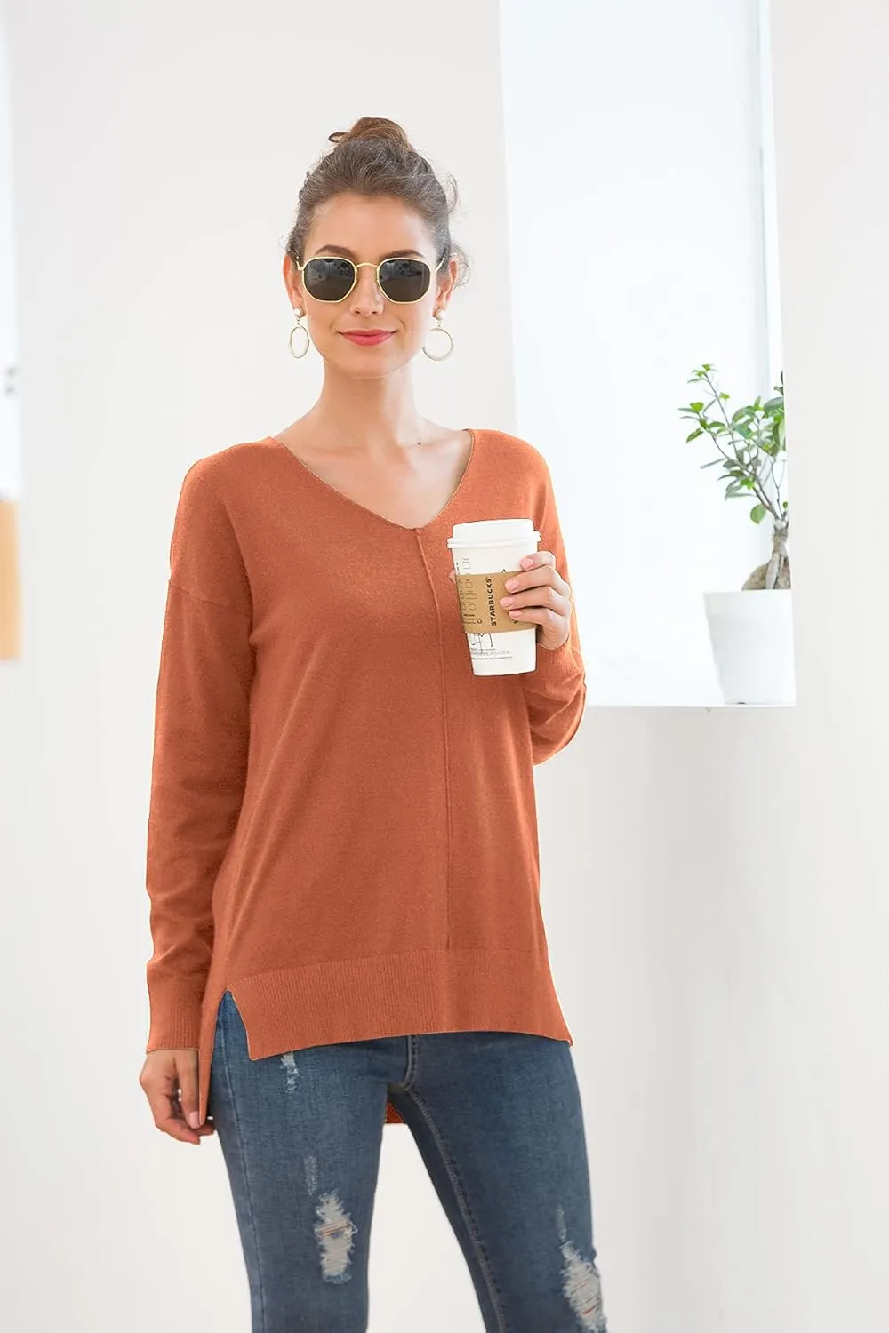 Jouica Women's Casual Lightweight V Neck Batwing Sleeve Knit Top Loose Pullover Sweater
