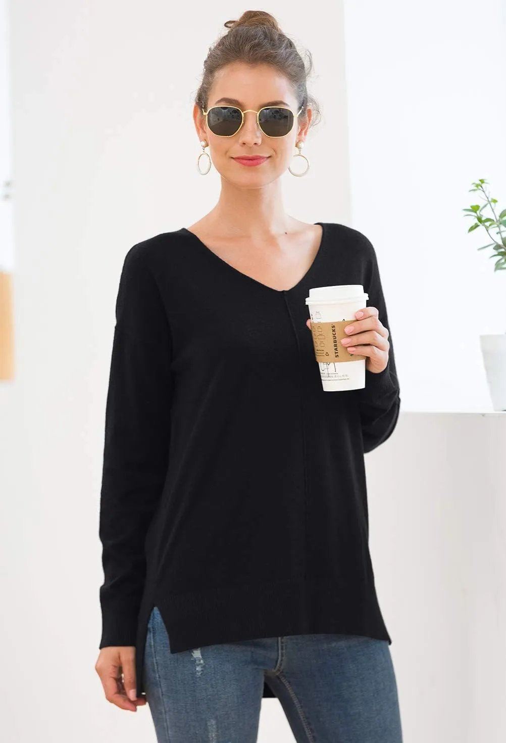 Jouica Women's Casual Lightweight V Neck Batwing Sleeve Knit Top Loose Pullover Sweater