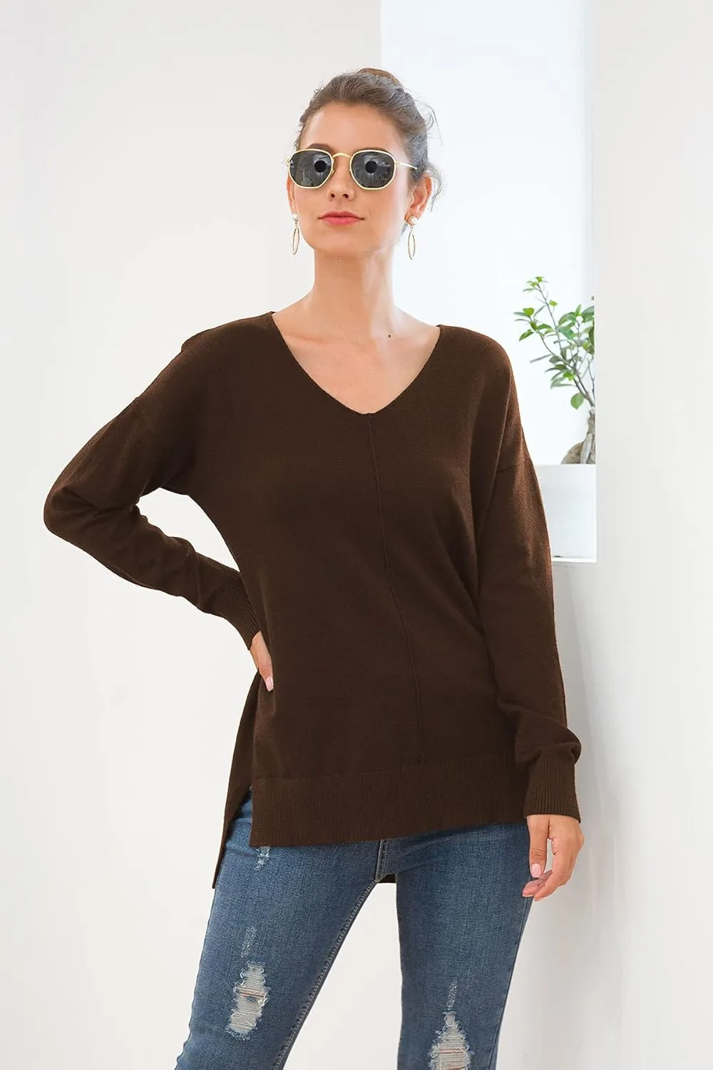 Jouica Women's Casual Lightweight V Neck Batwing Sleeve Knit Top Loose Pullover Sweater