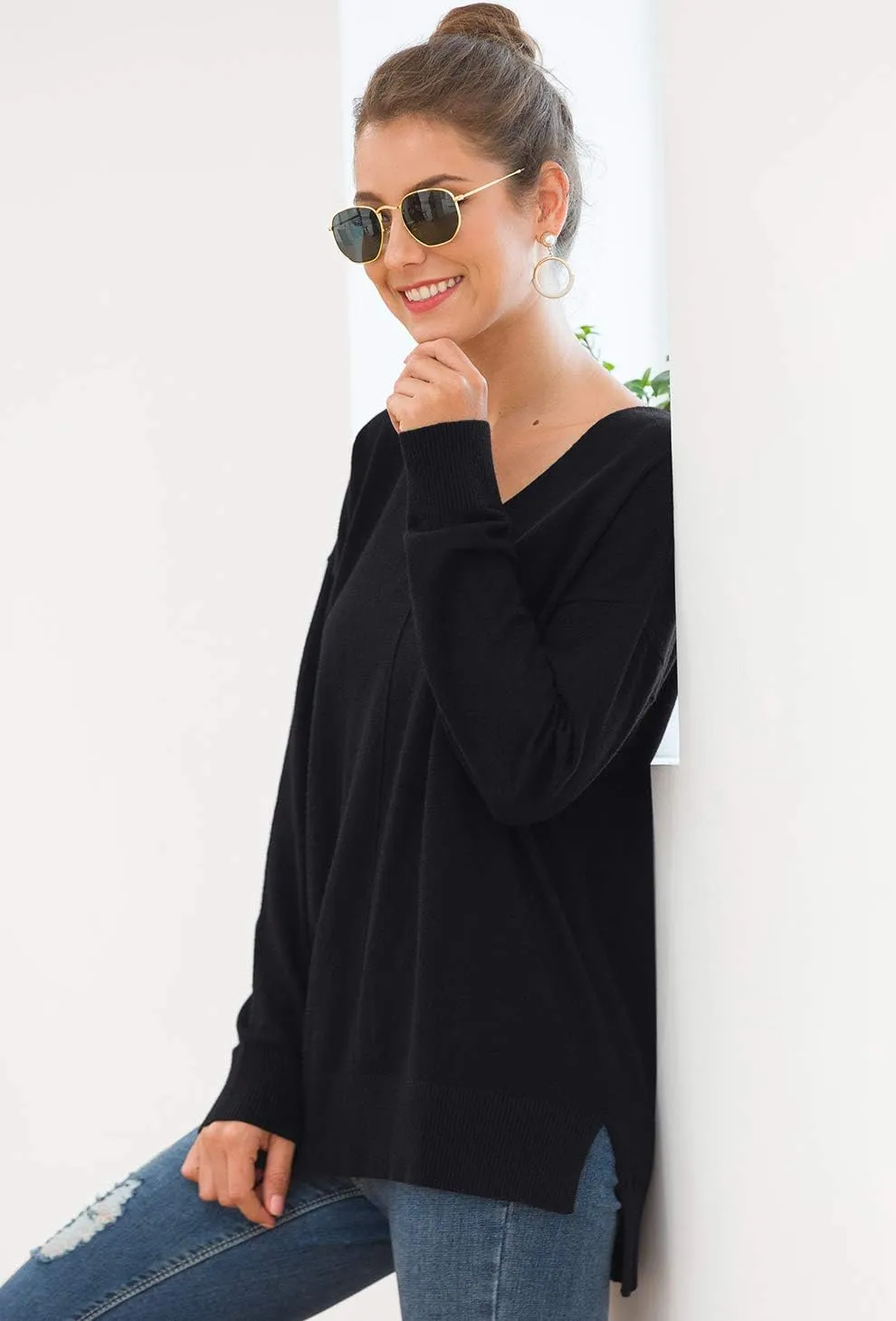 Jouica Women's Casual Lightweight V Neck Batwing Sleeve Knit Top Loose Pullover Sweater
