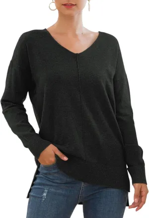 Jouica Women's Casual Lightweight V Neck Batwing Sleeve Knit Top Loose Pullover Sweater