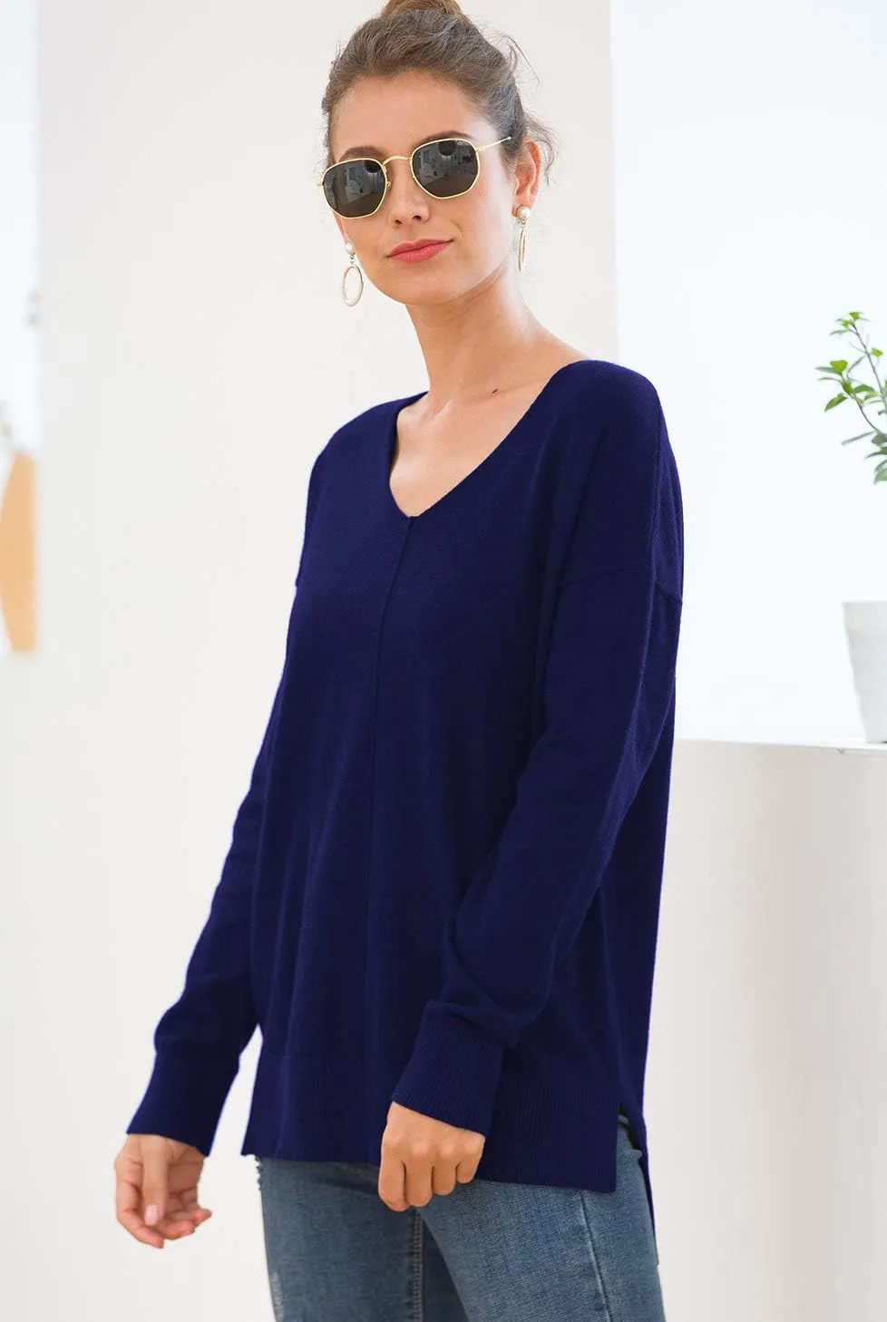 Jouica Women's Casual Lightweight V Neck Batwing Sleeve Knit Top Loose Pullover Sweater