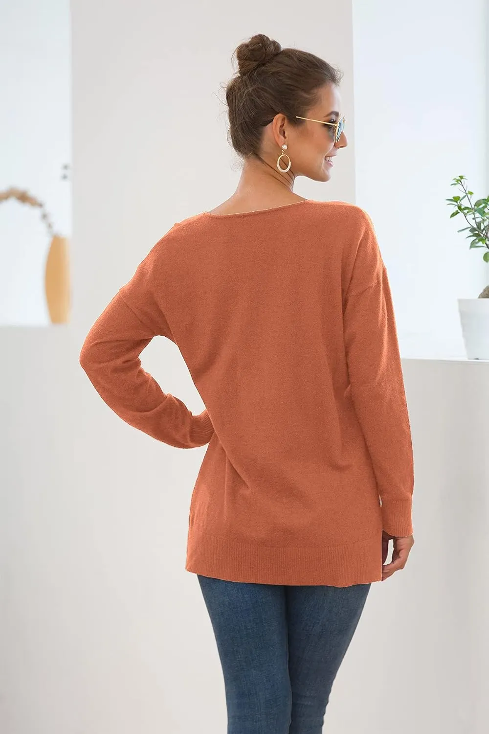 Jouica Women's Casual Lightweight V Neck Batwing Sleeve Knit Top Loose Pullover Sweater