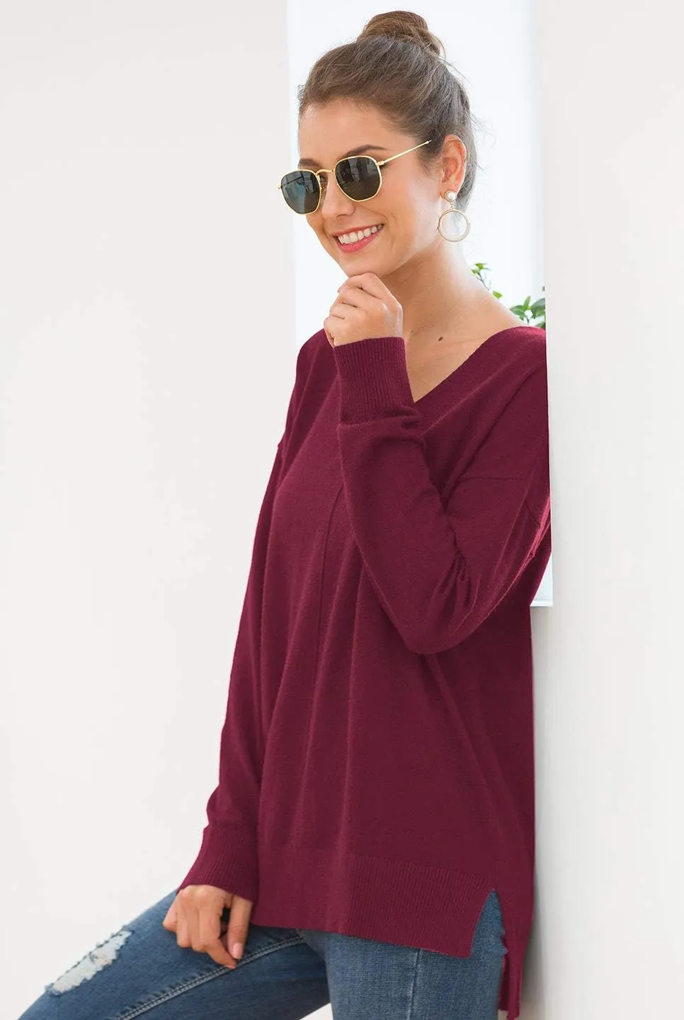 Jouica Women's Casual Lightweight V Neck Batwing Sleeve Knit Top Loose Pullover Sweater