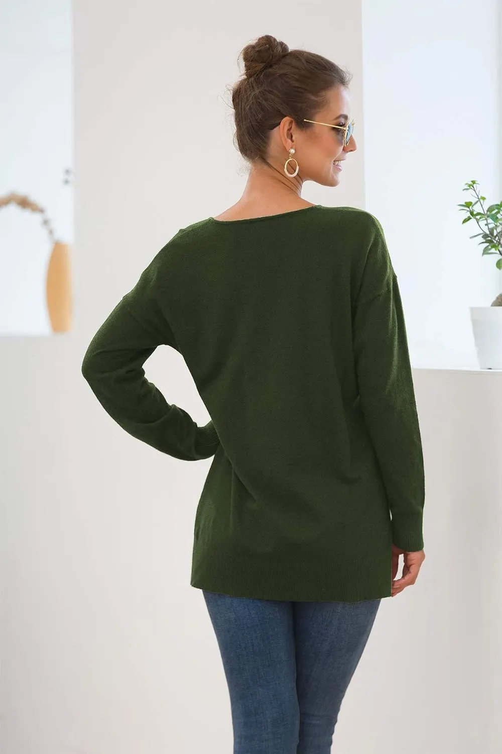 Jouica Women's Casual Lightweight V Neck Batwing Sleeve Knit Top Loose Pullover Sweater