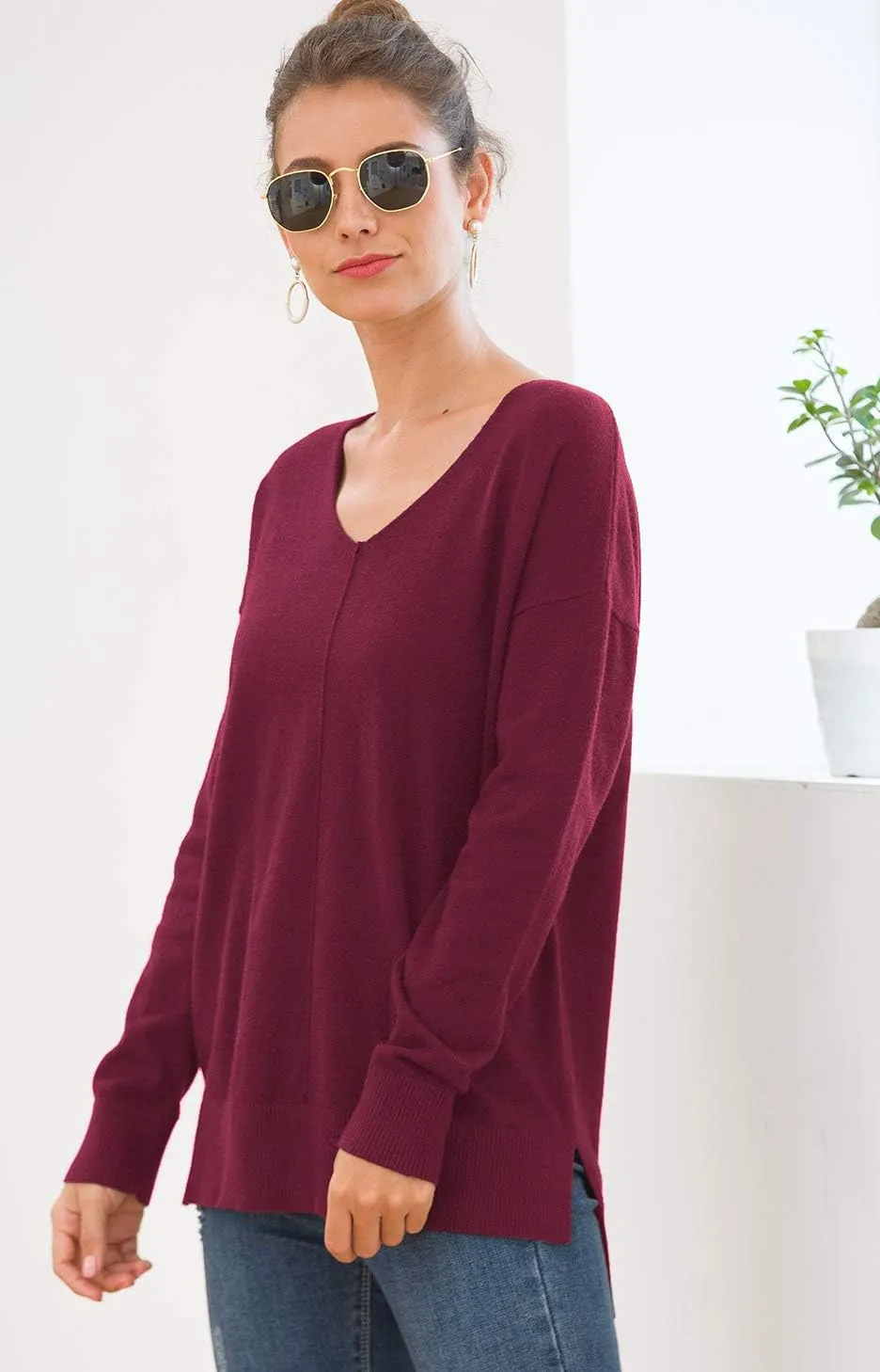 Jouica Women's Casual Lightweight V Neck Batwing Sleeve Knit Top Loose Pullover Sweater