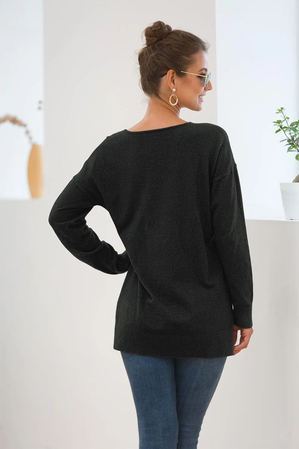 Jouica Women's Casual Lightweight V Neck Batwing Sleeve Knit Top Loose Pullover Sweater