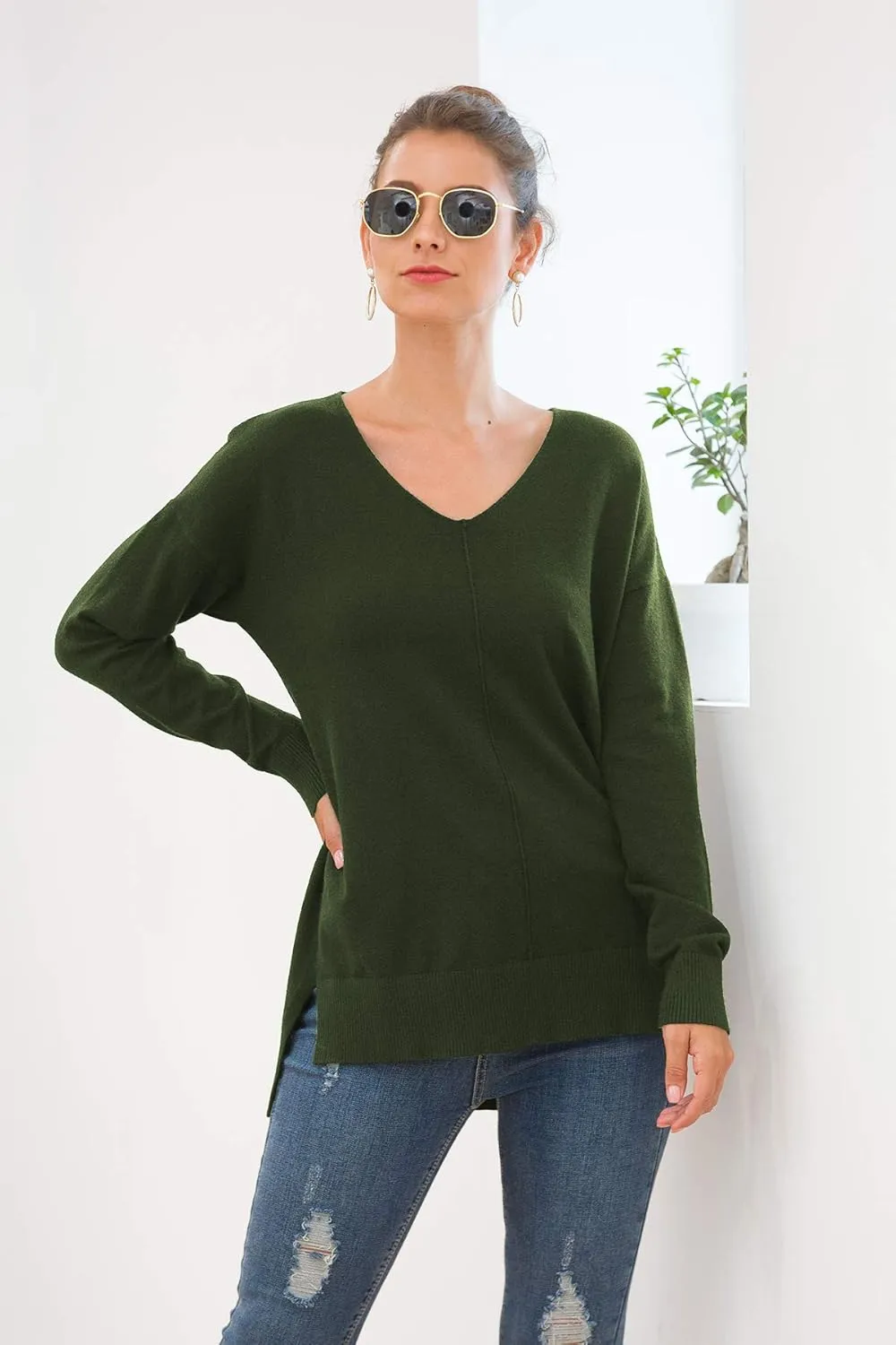 Jouica Women's Casual Lightweight V Neck Batwing Sleeve Knit Top Loose Pullover Sweater