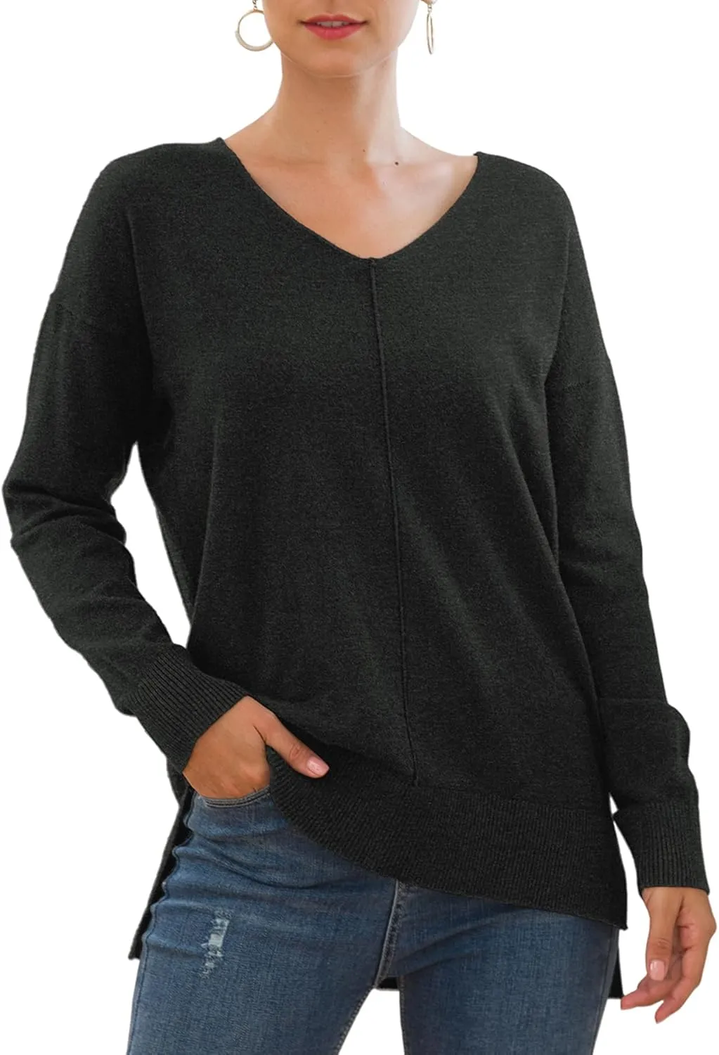 Jouica Women's Casual Lightweight V Neck Batwing Sleeve Knit Top Loose Pullover Sweater