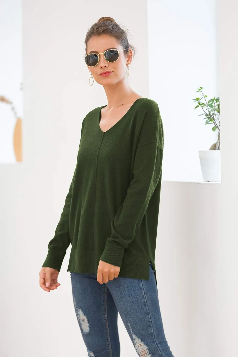 Jouica Women's Casual Lightweight V Neck Batwing Sleeve Knit Top Loose Pullover Sweater