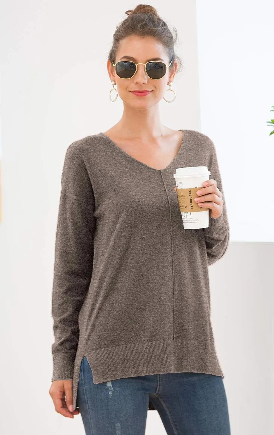 Jouica Women's Casual Lightweight V Neck Batwing Sleeve Knit Top Loose Pullover Sweater