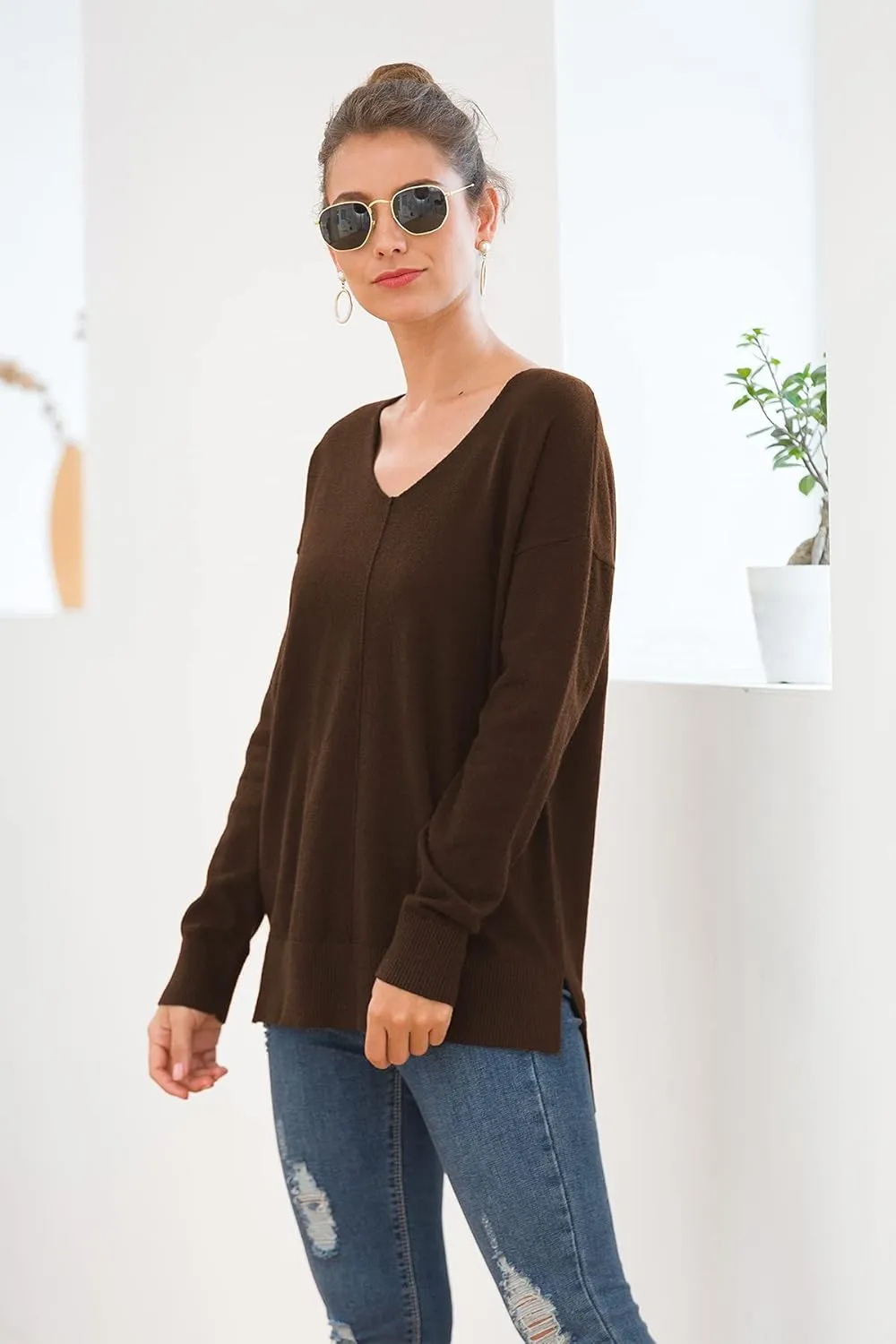 Jouica Women's Casual Lightweight V Neck Batwing Sleeve Knit Top Loose Pullover Sweater