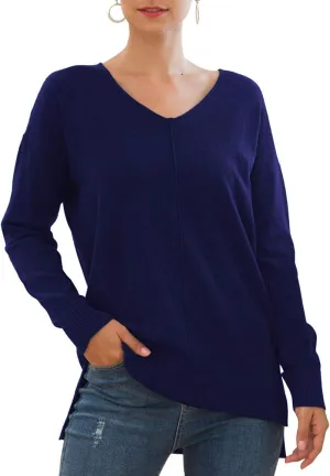 Jouica Women's Casual Lightweight V Neck Batwing Sleeve Knit Top Loose Pullover Sweater