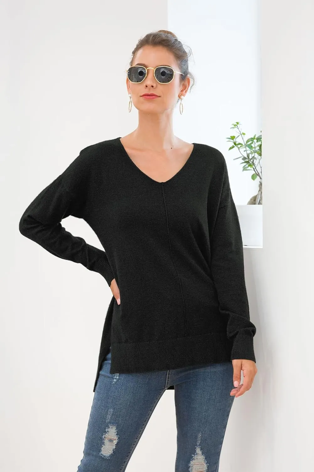 Jouica Women's Casual Lightweight V Neck Batwing Sleeve Knit Top Loose Pullover Sweater