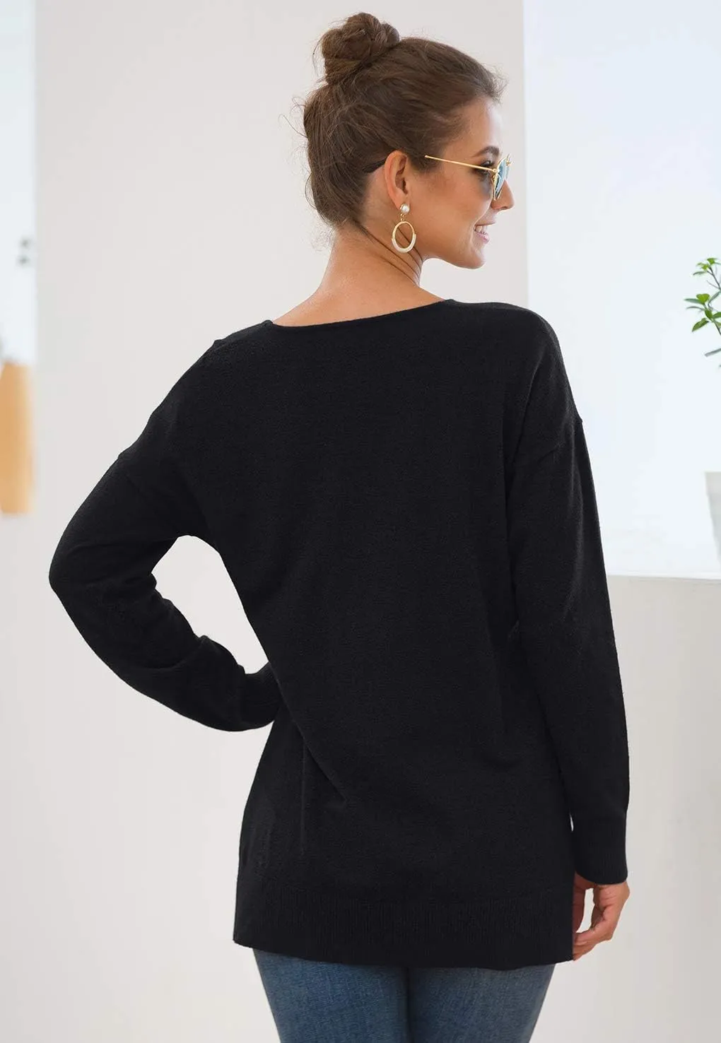 Jouica Women's Casual Lightweight V Neck Batwing Sleeve Knit Top Loose Pullover Sweater