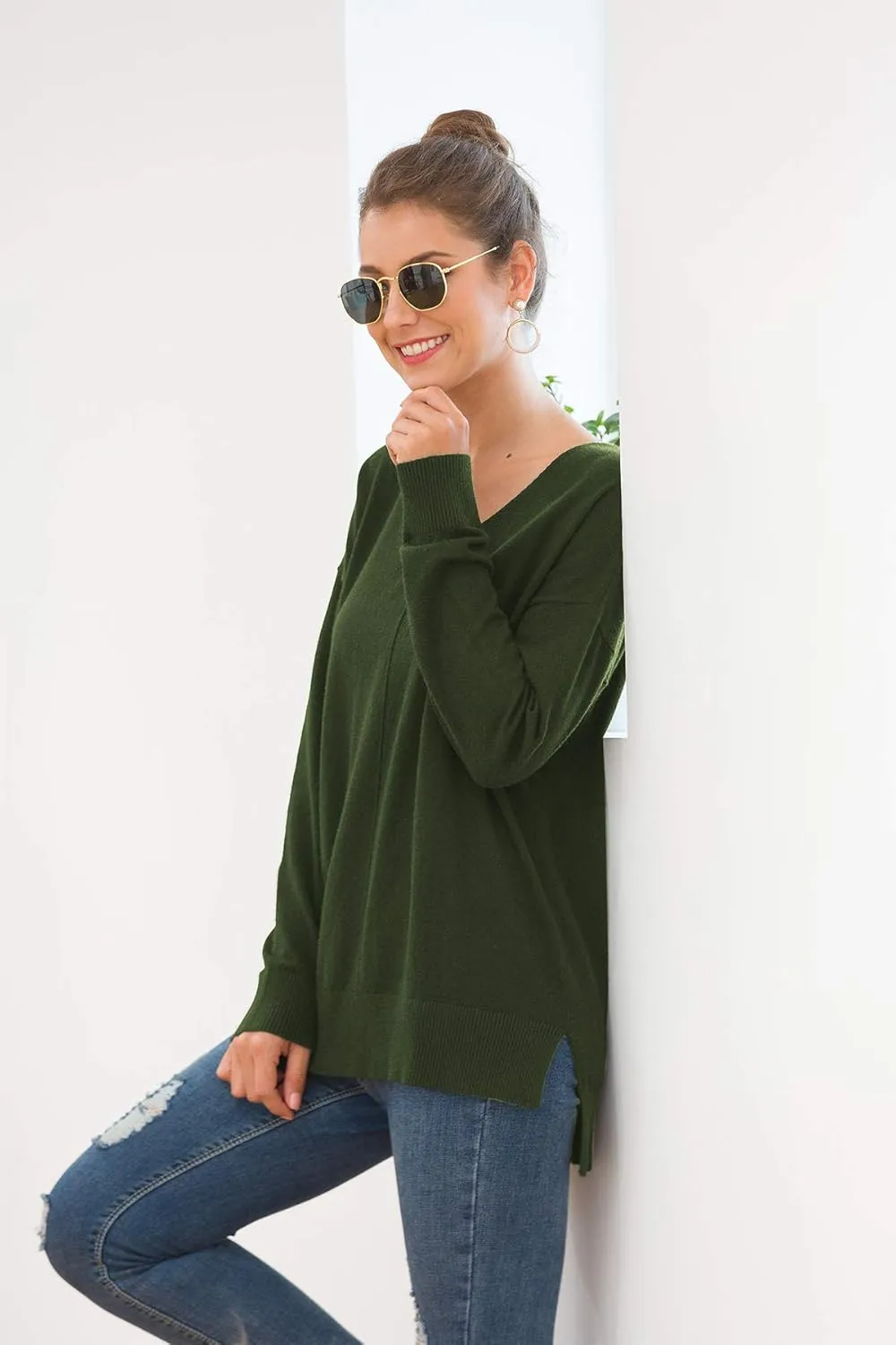 Jouica Women's Casual Lightweight V Neck Batwing Sleeve Knit Top Loose Pullover Sweater