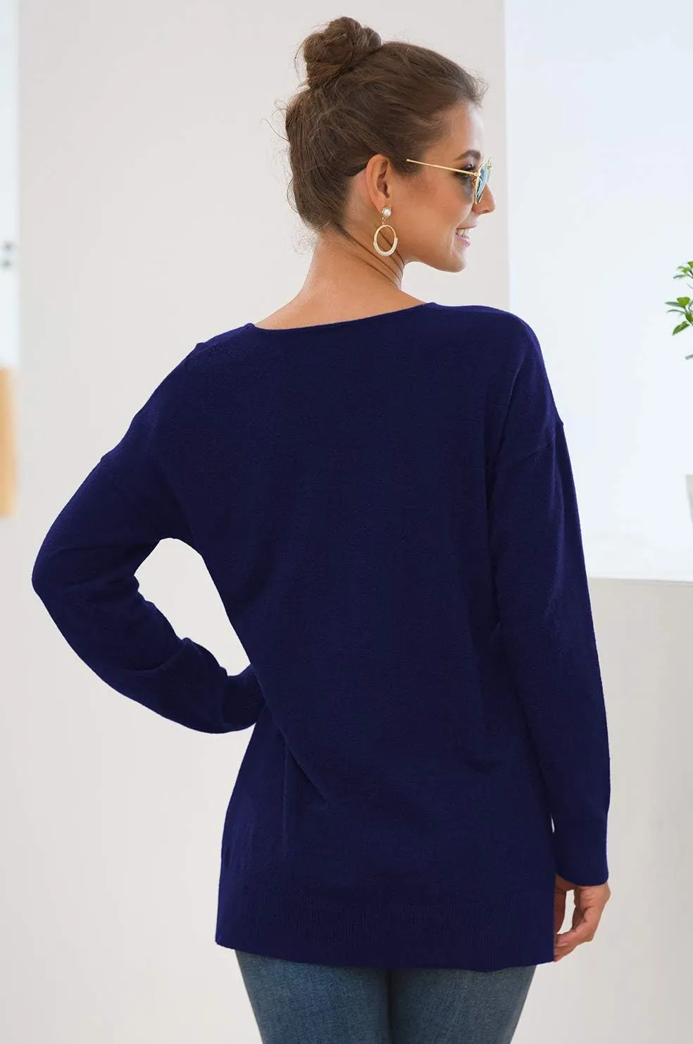 Jouica Women's Casual Lightweight V Neck Batwing Sleeve Knit Top Loose Pullover Sweater