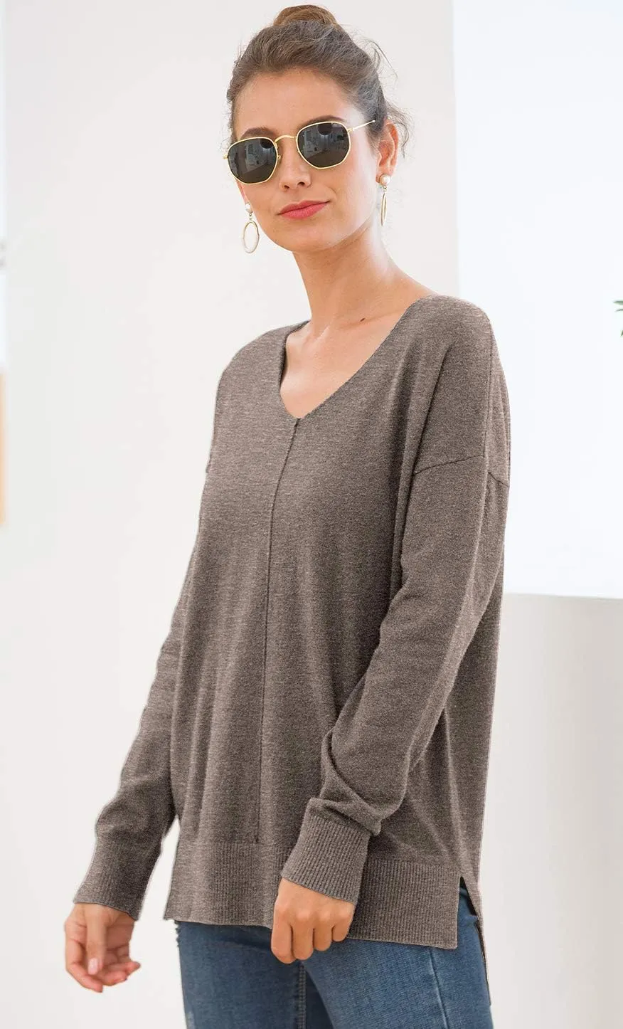 Jouica Women's Casual Lightweight V Neck Batwing Sleeve Knit Top Loose Pullover Sweater